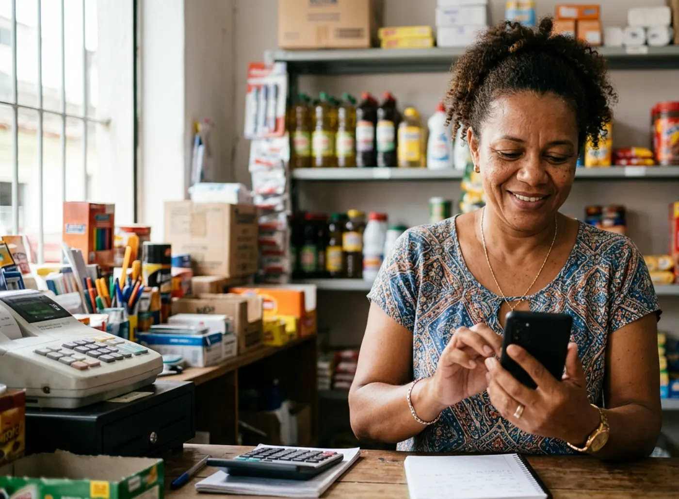 Dona de uma mercearia sorrindo enquanto usa um aplicativo no celular, atrás do balcão
